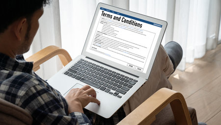 Digital legal contract provide terms and conditions document on computer screen ready for online...