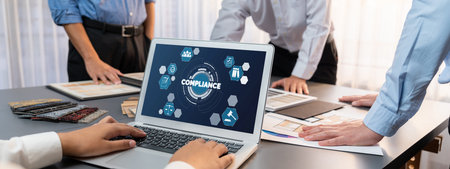 Group of interior architect designer team at table choosing various mood board samples with architecture software on laptop screen. Modern renovation and interior material selection concept. Insightの写真素材