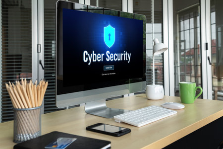 Cyber security system on computer screen protect private information snugly from hacker and cyber...