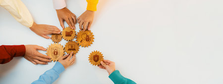 An engaging scene showing diverse hands collaboratively holding gears that represent various...