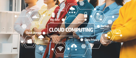 A diverse group of professionals gathered to discuss cloud computing technologies, highlighting its role in data privacy, storage, and innovative business solutions. Amityの写真素材