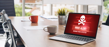 Virus warning alert on computer screen detected modish cyber threat , hacker, computer virus and malwareの写真素材