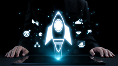 A businessman presents a glowing rocket icon alongside symbols of growth and technology,...