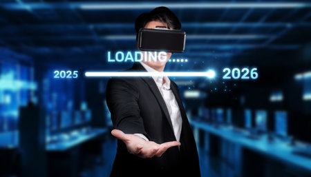 A businessman in a sleek suit stands in a futuristic workspace, with a virtual reality headset, showcasing a loading bar for the transition from 2025 to 2026.の写真素材