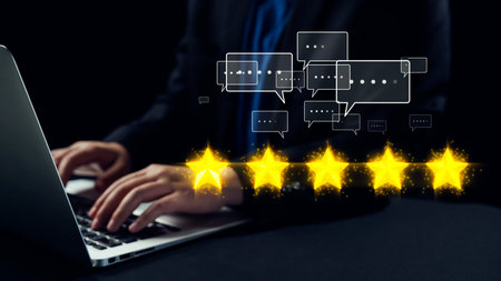 A business professional engages with their laptop, surrounded by chat bubbles and glowing five...