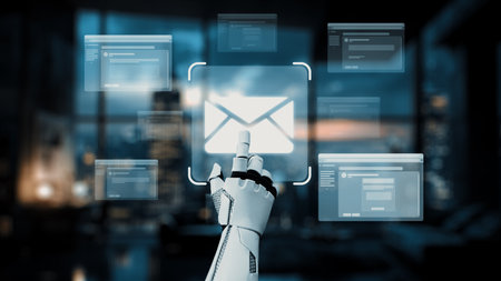 A futuristic robotic hand reaches out to interact with digital email icons in an urban setting, illustrating technology role in modern communication.の写真素材