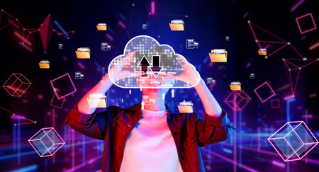A dynamic visual representation of cloud computing, showcasing a user interacting with digital...