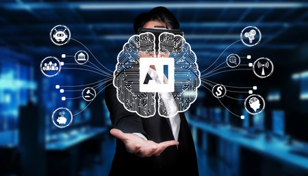 A professional showcasing the concept of artificial intelligence with virtual elements in a sleek digital space. The image represents innovation and technology integration.の写真素材