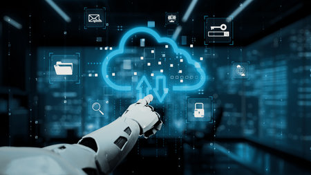 A futuristic robot hand interacts with a cloud symbol in a digital space, illustrating data transfer...