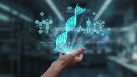 Close up of human hand holding DNA holographic floating at laboratory background. Human hand accessing and connecting medical data by using genetic icon to analyzing and diagnosis symptom. Salubrious.の写真素材