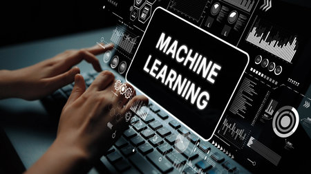 Hands Typing on Keyboard with Digital Interface Displaying Machine Learning Concepts and Data Analytics Visualization Tools. Asymptotic smart data analytic.の写真素材