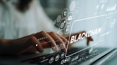 Digital Concept of Blockchain Technology with Hands Typing on Laptop Displaying Data and Analytics Visualization. Asymptotic smart data analytic.の写真素材