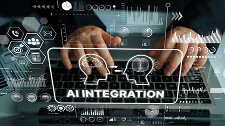 Hands Typing on Laptop Keyboard with AI Integration Graphics Overlay Technology Background. Asymptotic smart data analytic.の写真素材