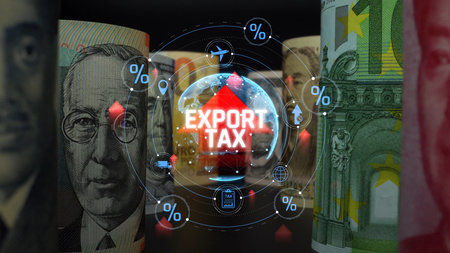 Impact of Export Tax on Global Trade Dynamics Featuring Currency Notes and Economic Concepts. Consignment.の写真素材
