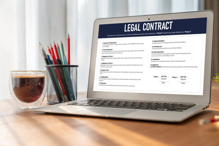 Digital legal contract provide terms and conditions document on computer screen ready for online...