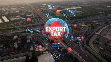 Comprehensive Overview of Export Tax Implications on International Trade and Economic Growth in Global Markets with Visual Data Representation. Consignment.の写真素材