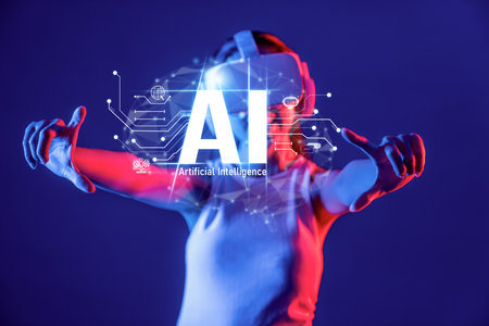 A young woman interacts energetically with a holographic display of AI concepts, illustrating the dynamic fusion of technology, creativity, and artificial intelligence in modern life.の写真素材