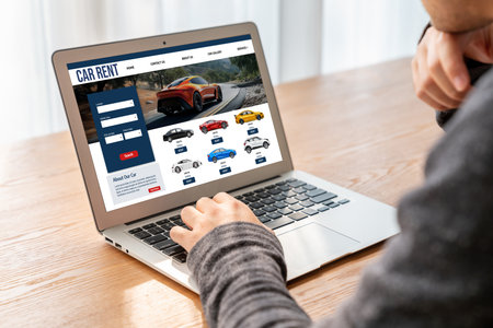 car rental website on computer screen for tourist to rent a car for transportation snugly