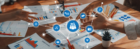 Analyst team utilizing BI Fintech to analyze and pointing at financial dashboard paper office....