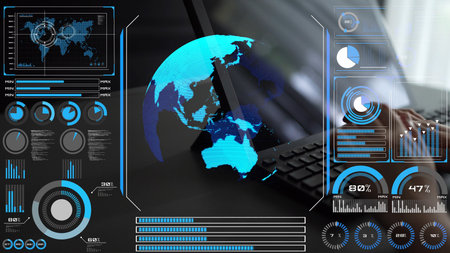 High-tech global network connection interface showing worldwide digital communication, data...