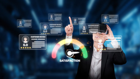 Visual representation of customer satisfaction using online reviews and virtual technology, highlighting feedback scores and user interactions in a digital business environment.の写真素材