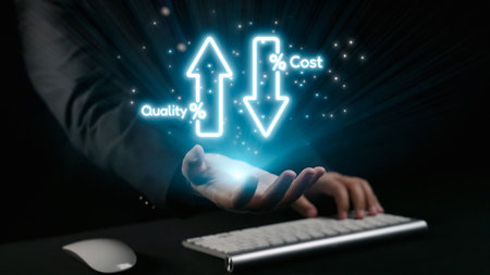 A business professional presents a visual representation of quality versus cost in a digital environment, emphasizing analysis and decision-making in modern finance. Qubitの写真素材