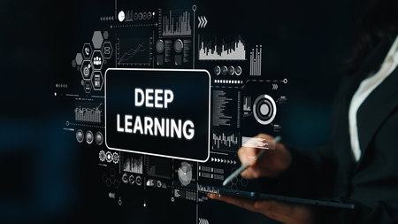 Professional Hand Using Tablet for Deep Learning Data Analysis with Digital Graphs and Visualizations on Dark Background. Asymptotic smart data analytic.の写真素材