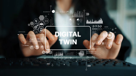 Business Professional Engaging with Digital Twin Technology on Computer Keyboard in Modern Office Environment. Asymptotic smart data analytic.の写真素材