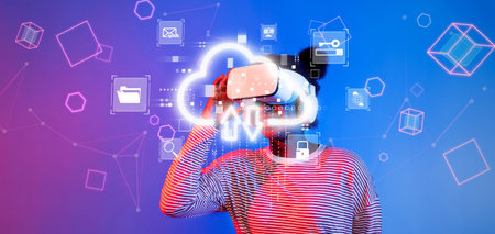 A woman engages with a virtual reality headset, exploring cloud computing and digital storage concepts in a vibrant, tech-inspired environment filled with data graphics.の写真素材