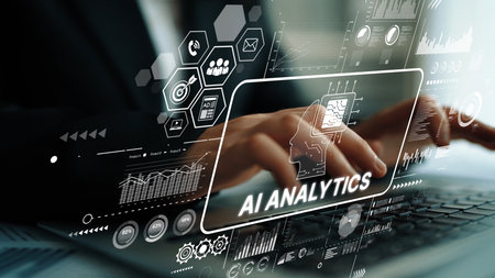 Business Professional Engaged in AI Analytics with Futuristic Data Visualizations and Digital Interface Elements. Asymptotic smart data analytic.の写真素材