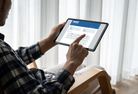 Invoice on computer screen from accounting application. Computer program for financial and budget of corporate business. Snugly.の写真素材