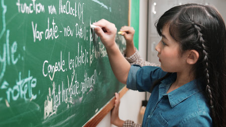 Skilled asian girl writing engineering prompt and programing system while standing blackboard with generated prompt written by diverse smart student at STEM technology lesson. Education. Pedagogy.の写真素材