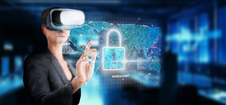 A professional woman interacts with virtual reality technology, focusing on enhancing cyber security...