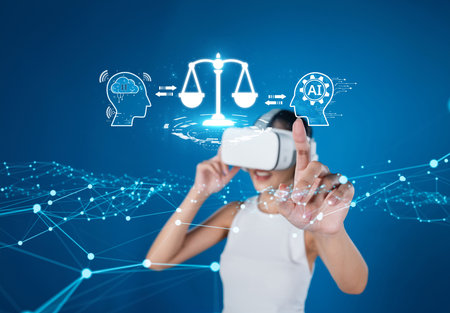 This image showcases the intersection of AI ethics and virtual reality, highlighting the importance of legal compliance, responsibility, and governance in technological advancements.の写真素材