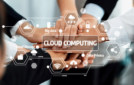 Hands come together to represent teamwork in cloud computing, highlighted by digital icons symbolizing data security, storage, and innovative technology solutions. Amityの写真素材
