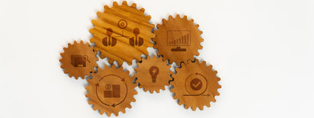 Panorama banner of wooden cogwheel gear connecting each other symbolize function productive system in business company and synergy teamwork with effective and efficiency working. Synergic Amityの写真素材