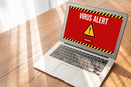 Virus warning alert on computer screen detected modish cyber threat , hacker, computer virus and malwareの写真素材
