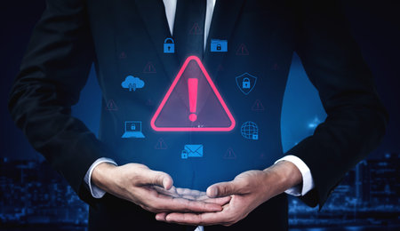 Cybersecurity threat alert protects data. Cyber security threat alert prevents access, alert warns breach, defends system, and cyber security threat alert identifies risk. Vouchの写真素材