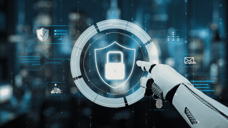 A high-tech robotic hand points towards a digital shield symbol with a lock, representing advanced...