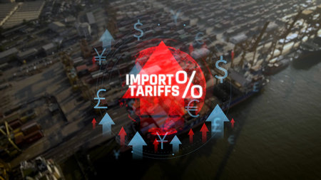 Import Tariffs Impact on Global Trade with Visual of Cargo Containers and Financial Elements in Supportive Economic Context. Consignment.の写真素材