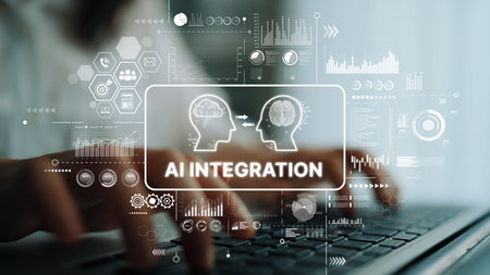 Futuristic AI Integration Concept with Human and Machine Intelligence Interaction in a Digital Workspace. Asymptotic smart data analytic.の写真素材