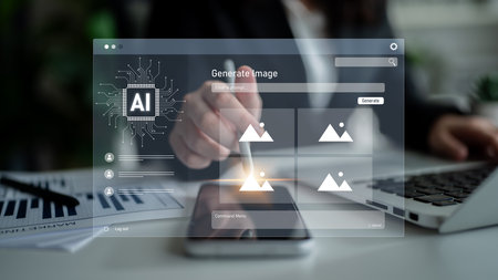 AI image generator interface enables image, and generator process by converting user prompt into visual content using intelligent algorithmsの写真素材