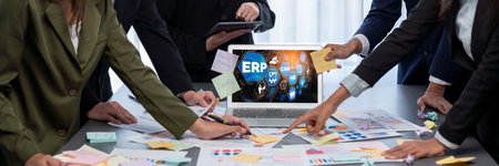 Analyst team use sticky note for creative and analytic brainstorm for business idea with BI data dashboard on laptop screen. Analysis financial data visualization tech for marketing strategy.の写真素材