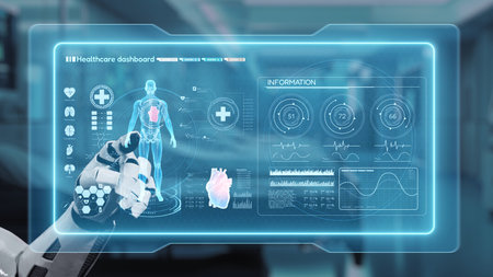 Close up of robot hand pointing and tapping at human anatomy hologram with blur laboratory background. Robot hand clicking at x ray dashboard to connect medical data to diagnosis symptom. Salubrious.の写真素材