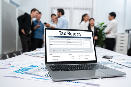 Online tax return form for submitting individual income tax return form brisk on the internet website. Government web for tax payment and return. Taxation technology concept.の写真素材
