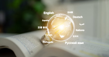 Global communication thrives through multilingual tools, cross-cultural messaging, and digital platforms for worldwide language exchange.の写真素材