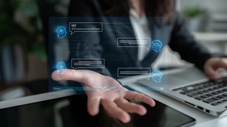 AI chatbot interface facilitates communication, chatbot, and AI interaction for automated user support and information exchangeの写真素材