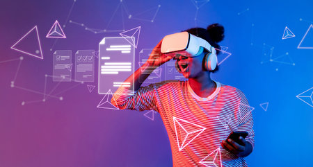 An enthusiastic young woman interacts with virtual reality technology while holding a smartphone,...