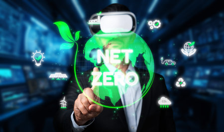 A businessman engages with virtual reality to explore innovative solutions for achieving net zero...