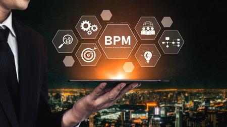 Business Process Management concept showing workflow analysis, process optimization, team collaboration, automation, and performance improvement Vouchの写真素材